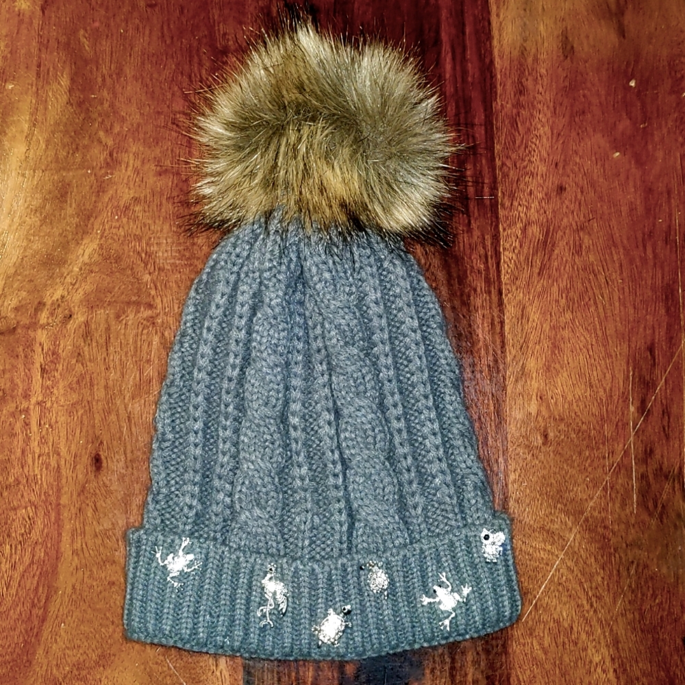 Embellished Knitted Hat With Pom Pom